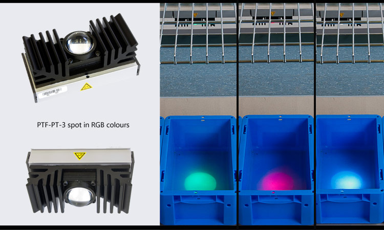 PT-3 light source with point-shaped spot in RGB colors for single compartment illumination during order picking.